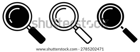 A set of three magnifying glass icons in black and white, perfect for illustrating search, investigation, and research themes in various design projects.