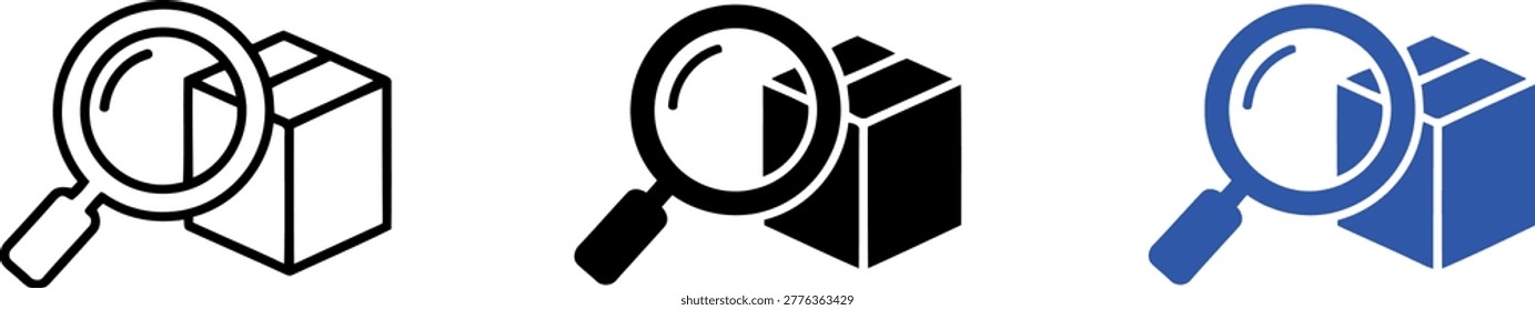 Set of three magnifying glass and package icons representing search, shipping, and delivery inspection concepts.