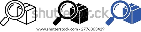Set of three magnifying glass and package icons representing search, shipping, and delivery inspection concepts.