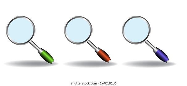 Set of three magnifying glasses isolated on a white background