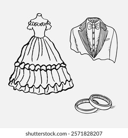 A set of three main wedding attributes. Wedding dress, tailcoat and a pair of wedding rings. Vector illustration in pencil sketch style. To create wedding invitations, cards, advertisements.