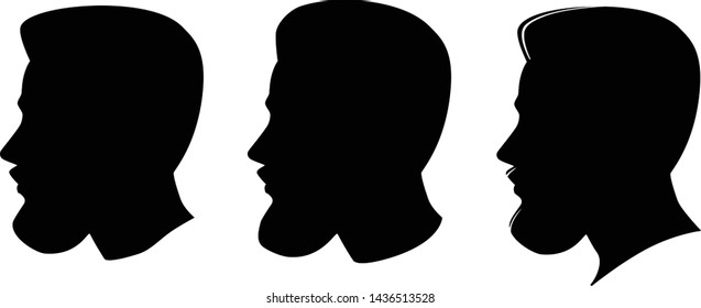 Set of three male profile portrait silhouette. Caucasian Man with beard hipster. Vector illustration.
