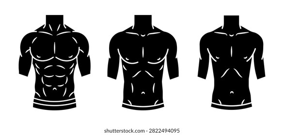 A set of three male torso silhouettes showing varying levels of muscularity and fitness, from highly defined abs to a leaner build, isolated on white.