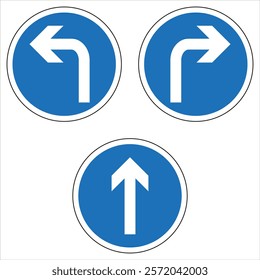 Set of three mandatory direction traffic signs indicating left turn, right turn and go straight, isolated on white.