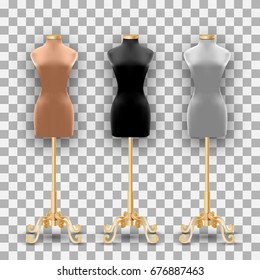 Set of three mannequins fashion of different colors on a gold pillars. Vector Illustration