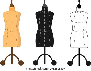 Conjunto de tres maniquíes. Taller de costura. Plantilla de tarjeta para uso en la industria de la confección y tiendas de ropa. Ilustración vectorial. Para logotipos y tarjetas de visita, íconos, tiendas minoristas, talleres