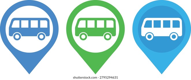A set of three map pointer icons featuring bus symbols in blue, green, and light blue colors, isolated on a white background for navigation and transit apps.