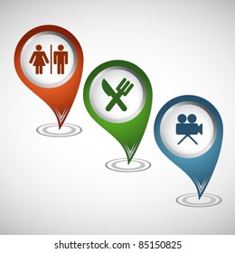 Set of three map pointers with sign of: toilets, restaurant and cinema