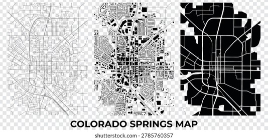 Set of three maps of Colorado Springs, Colorado, USA. Includes road network, building footprints, and block layout. Vector illustration isolated on white.
