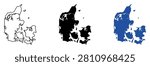 A set of three maps depicting the geography of Denmark, including an outline, a solid black silhouette, and a solid blue silhouette
