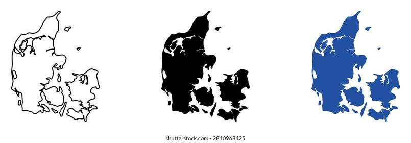 A set of three maps depicting the geography of Denmark, including an outline, a solid black silhouette, and a solid blue silhouette