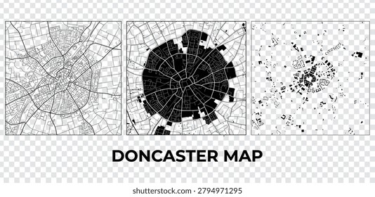 Set of three maps of Doncaster, UK, showing the street network, urban area coverage, and individual building footprints, isolated on a transparent background.
