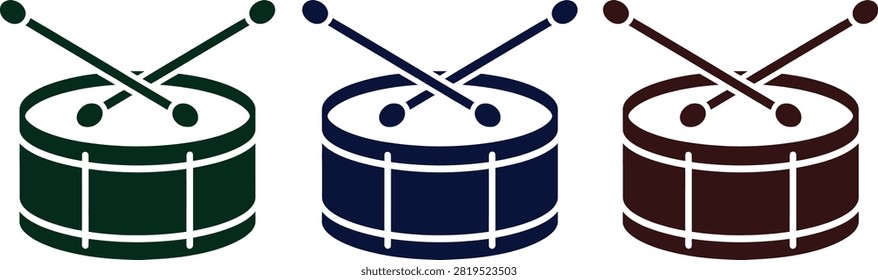 Set of three marching band drums with drumsticks