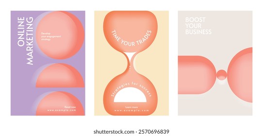 Set of three marketing posters with abstract designs. Online marketing, time management, and business growth themes. Modern, minimalist, and engaging visuals. Retro pastel branding template vector set