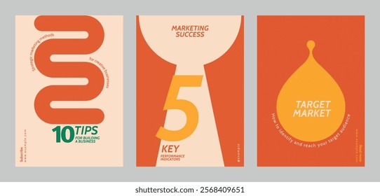 Set of three marketing posters with bold orange designs. Marketing tips, success, and target market themes. Eye-catching marketing visuals. Retro pastel branding template vector set.