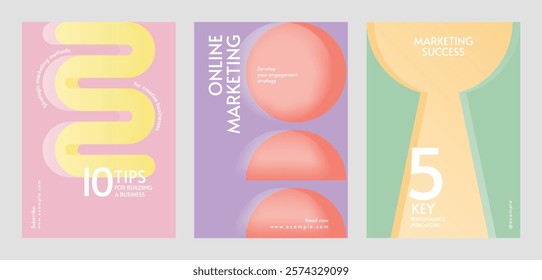 Set of three marketing posters with pastel colors. Online marketing tips, business strategies, and marketing success highlighted. Modern design for marketing. Retro pastel branding template vector set