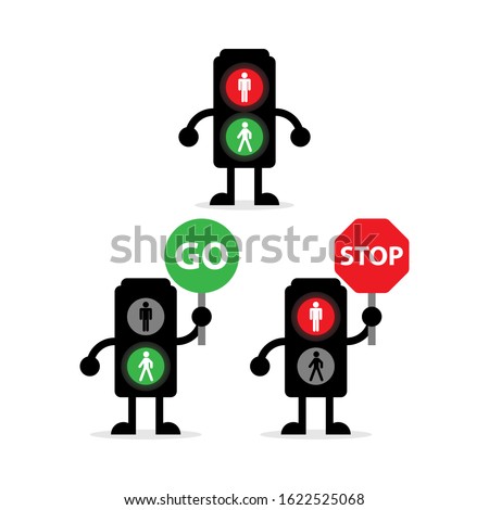 a set of three mascots of traffic lights for pedestrians, with a variety of poses, perfect for illustration, education and logos