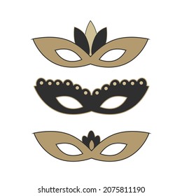 A set of three masks for use in masquerade advertising. Vector isolated objects on a white background for any festive design.