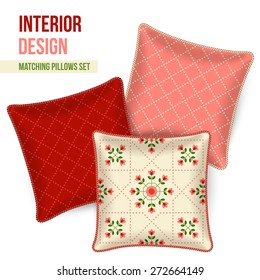 Set of three matching decorative pillows for interior design. Patterned throw pillow. Vector illustration.