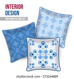 Set of three matching decorative pillows for interior design. Patterned throw pillow. Vector illustration.