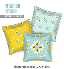 Set of three matching decorative pillows for interior design. Gray, yellow and turquoise-teal patterned throw pillows. Vector illustration.