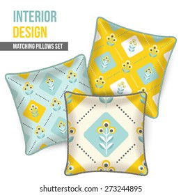 Set of three matching decorative pillows for interior design. Gray, yellow and turquoise-teal patterned throw pillows. Vector illustration.