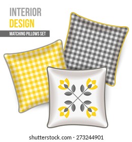 Set of three matching decorative pillows for interior design. Gray and yellow patterned throw pillows. Vector illustration.