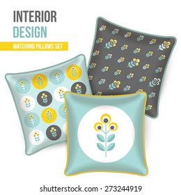 Set of three matching decorative pillows for interior design. Gray, yellow and turquoise-teal patterned throw pillows. Vector illustration.