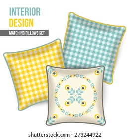 Set of three matching decorative pillows for interior design. Gray, yellow and turquoise-teal patterned throw pillows. Vector illustration.