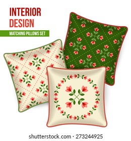 Set of three matching decorative pillows for interior design. Patterned throw pillow. Vector illustration.