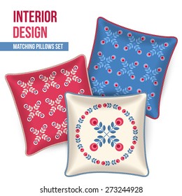 Set of three matching decorative pillows for interior design. Patterned throw pillow. Vector illustration.