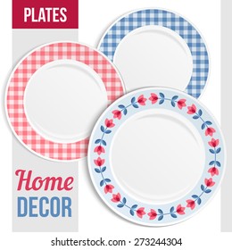 Set of three matching decorative plates for  interior design. Patterned round frame. Empty plate, top view. Vector illustration.