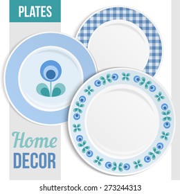 Set of three matching decorative plates for  interior design. Patterned round frame. Empty plate, top view. Vector illustration.