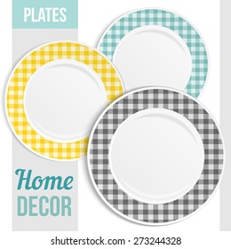 Set of three matching decorative plates for  interior design. Patterned round frame. Empty plate, top view. Vector illustration.