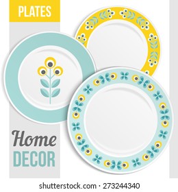 Set of three matching decorative plates for  interior design. Patterned round frame. Empty plate, top view. Vector illustration.