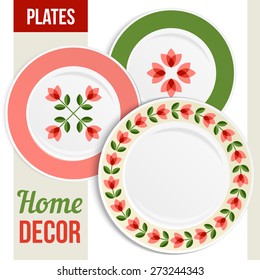 Set of three matching decorative plates for  interior design. Patterned round frame. Empty plate, top view. Vector illustration.