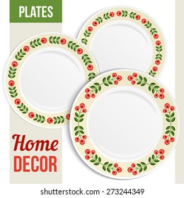 Set of three matching decorative plates for  interior design. Patterned round frame. Empty plate, top view. Vector illustration.