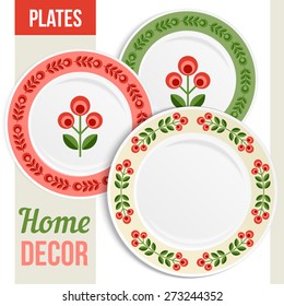 Set of three matching decorative plates for  interior design. Patterned round frame. Empty plate, top view. Vector illustration.