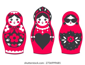 A set of three matryoshka dolls with different styles. Vector graphics.