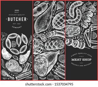 Set of three meat products design templates. Vector hand drawn ham, sausages, steaks, jamon, spices and herbs. Vintage illustrations on chalk board. Can be use for label, restaurant menu.