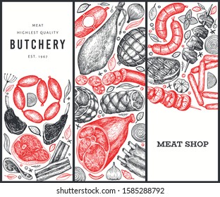 Set of three meat products design templates. Vector hand drawn ham, sausages, steaks, jamon, spices and herbs. Retro illustrations. Can be use for label, restaurant menu.