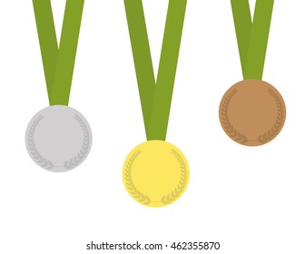 Set of three medals containing: gold-medal, silver-medal, bronze-medal, with green ribbons.