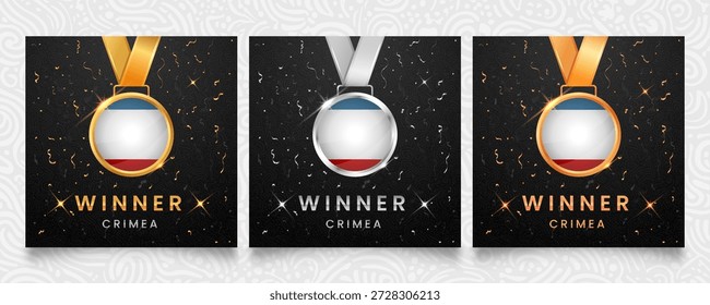 Conjunto de tres medallas con el diseño de la bandera de Crimea. Medallas sobre fondo oscuro con confeti y destellos. Ilustración vectorial para ganadores y campeones.