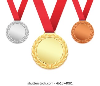 Set of three medals isolated on white background. Gold, silver, bronze medallions. Vector illustration.