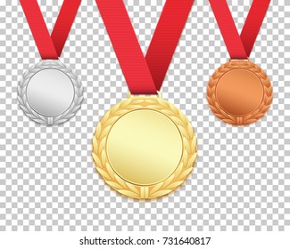 Set of three medals isolated on transparent background. Gold, silver, bronze medallions. Vector illustration.