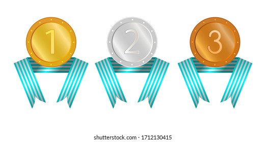 Conjunto de tres medallas con cintas con dos rayas. Oro, plata, bronce.