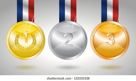 Set of three medals with tricolor flag