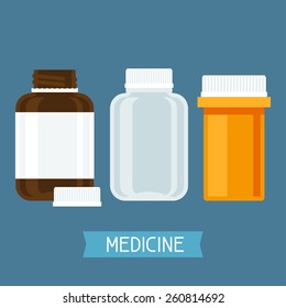 Set of three medical bottles with pills.