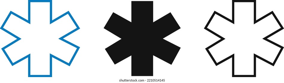 Set of three medical symbols blue, black with white Star of Life icon isolated on white background. First aid. Emergency symbol. Vector illustration.