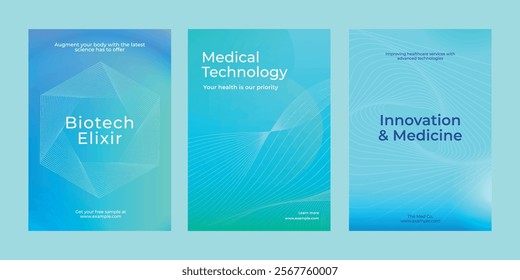 Set of three medical technology posters with abstract designs. Themes biotech, innovation, and healthcare. Blue and green color scheme throughout. Medical technology, healthcare template vector set.